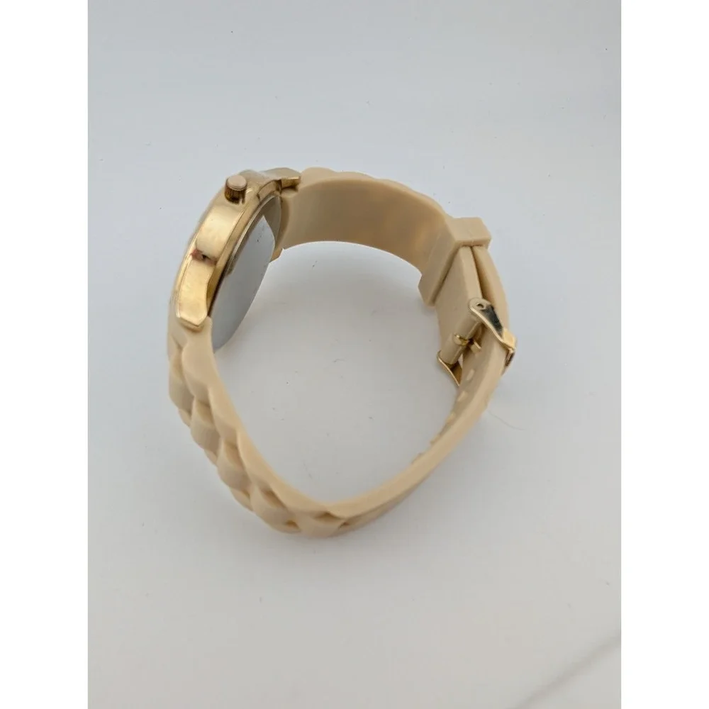 Women's Quartz Watch 42mm Gold Case Beige Silicone Band-‎ New Battery